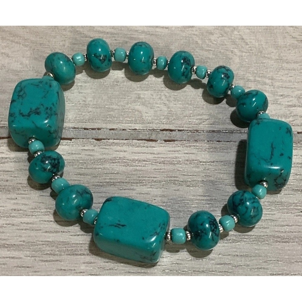 Silvertone Bracelet w/ Aqua Beaded‎ Square Smooth Vintage